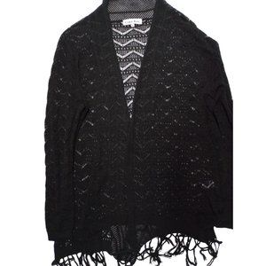 CAROL ROSE Black Lace and Fringe Long Sleeve Cardigan Sweater Size L